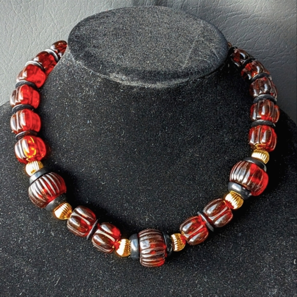 Vintage Amber Tortoise Brown Chunky Necklace with Black & Gold Accent Beads